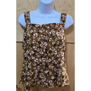 Who What Wear XXL Button-Front Floral Print Peplum Tank Top Brown & Pink Womens